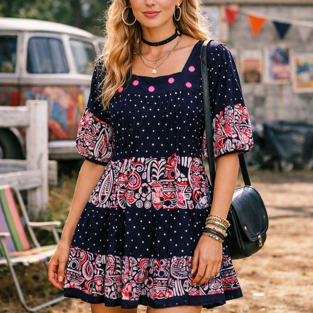 Ramona Rull Vintage 90's Boho Baby Doll Cotton Embellished Midi Dress Medium